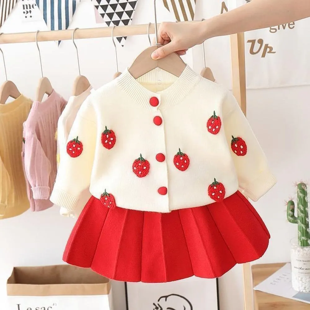 Knitted Sweater Dress Girls Fruit Handmade Flower Two Piece Dress Wholesale Girls Clothes