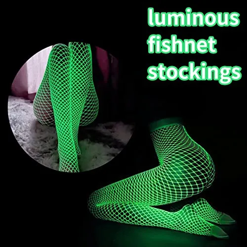 Lamdgbway Glow in the Dark Fishnet Stockings for Women Luminous High Waist Pantyhose Tights White