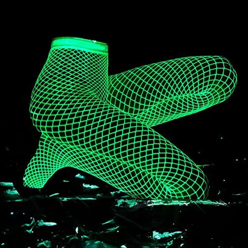 Lamdgbway Glow in the Dark Fishnet Stockings for Women Luminous High Waist Pantyhose Tights White