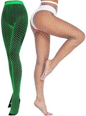 Lamdgbway Glow in the Dark Fishnet Stockings for Women Luminous High Waist Pantyhose Tights White