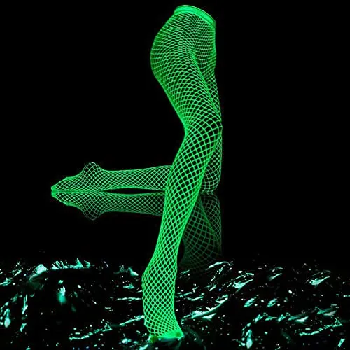 Lamdgbway Glow in the Dark Fishnet Stockings for Women Luminous High Waist Pantyhose Tights White