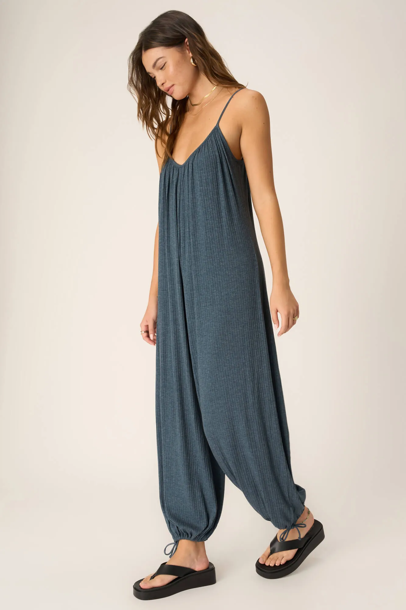 Let's Bounce Shirred Strappy Jumpsuit - Oceanic Teal