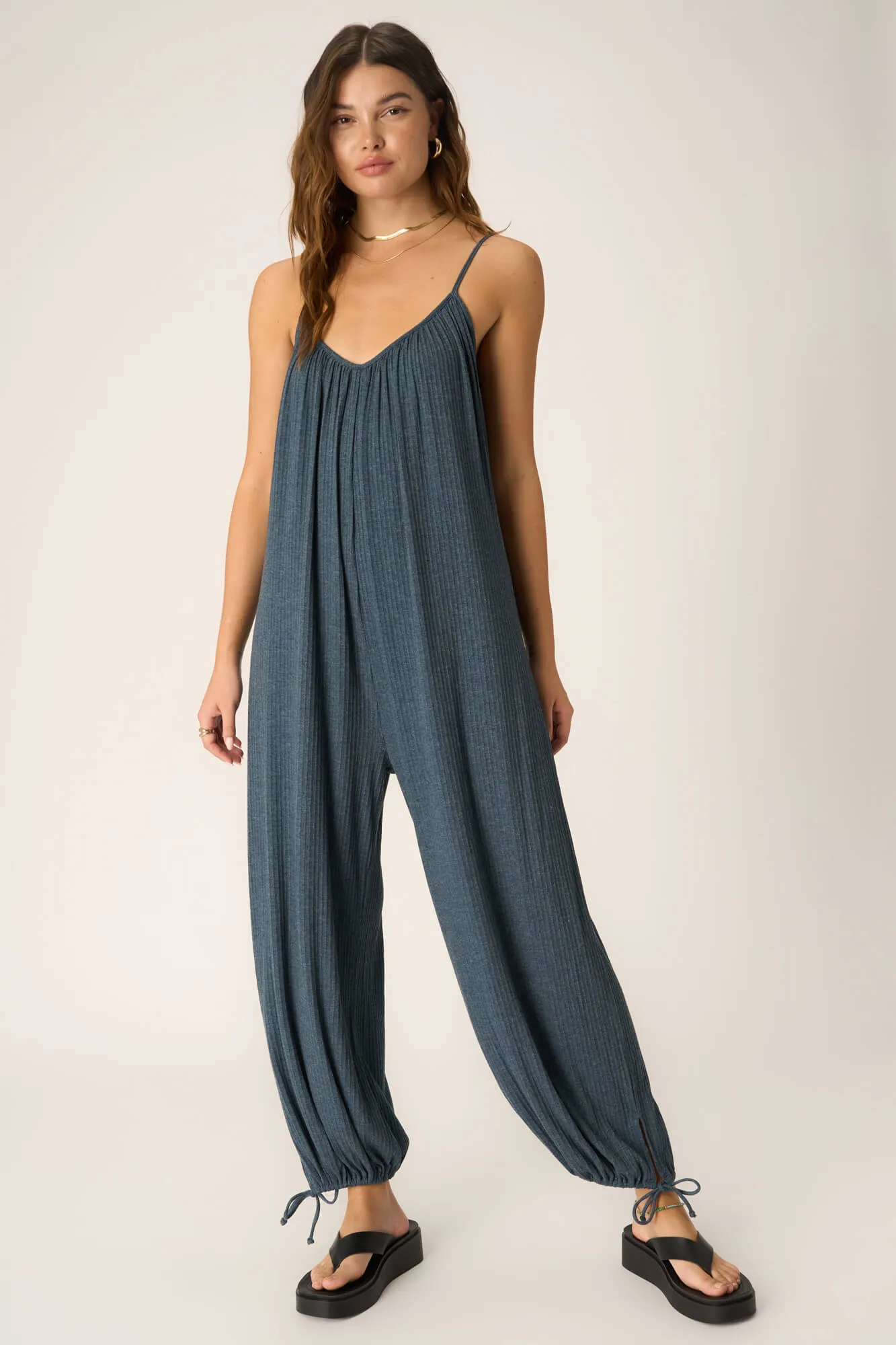 Let's Bounce Shirred Strappy Jumpsuit - Oceanic Teal