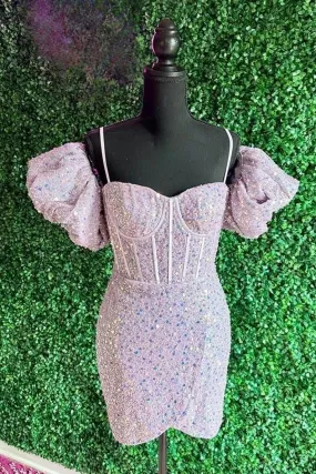 Light Pink Homecoming Dress Puff Sleeves Sequins Sheath Homecoming Dresses Cocktail