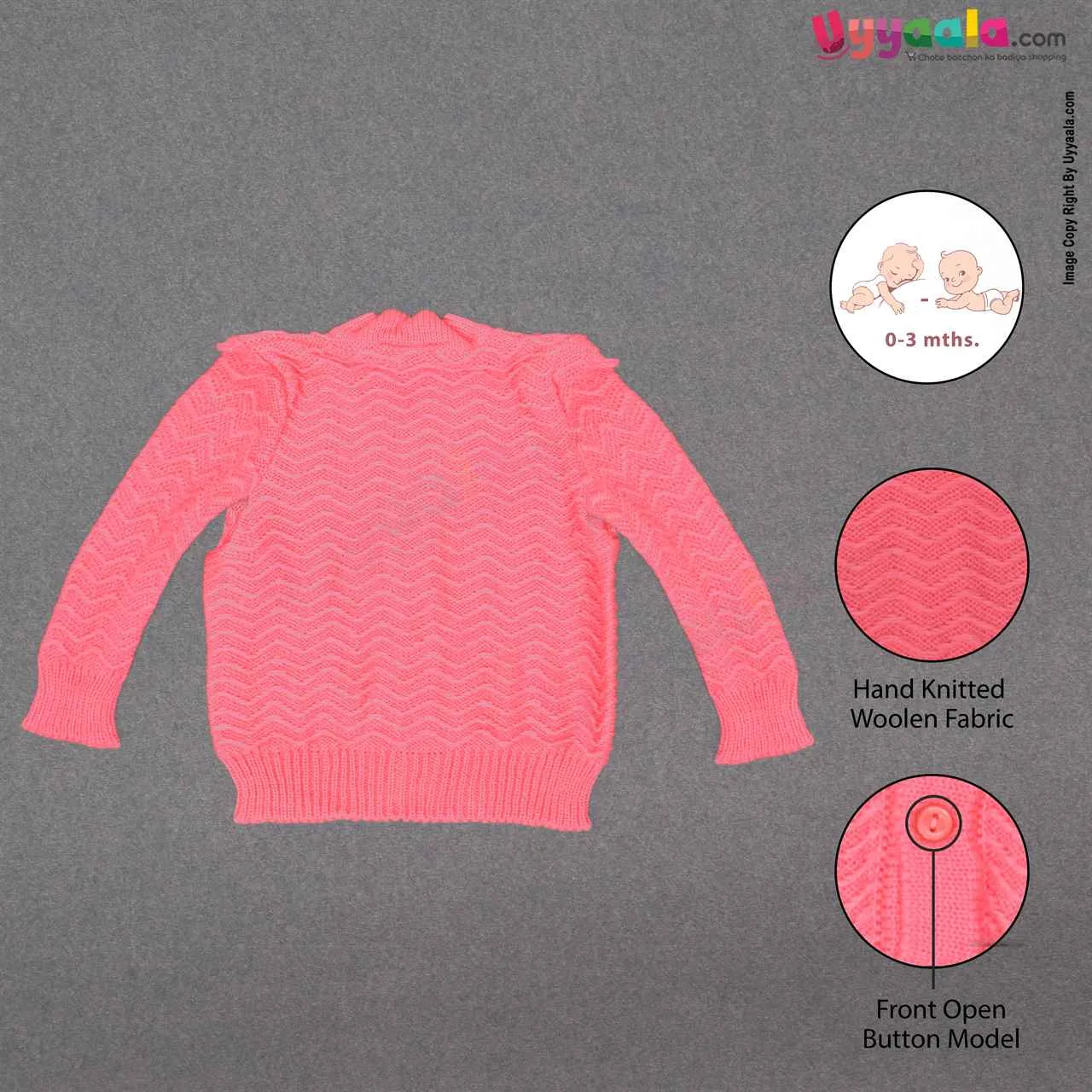 LITTLE ANGELS Full Sleeves Front Open Sweater With Cap & Socks For Babies - Pink 0-3m