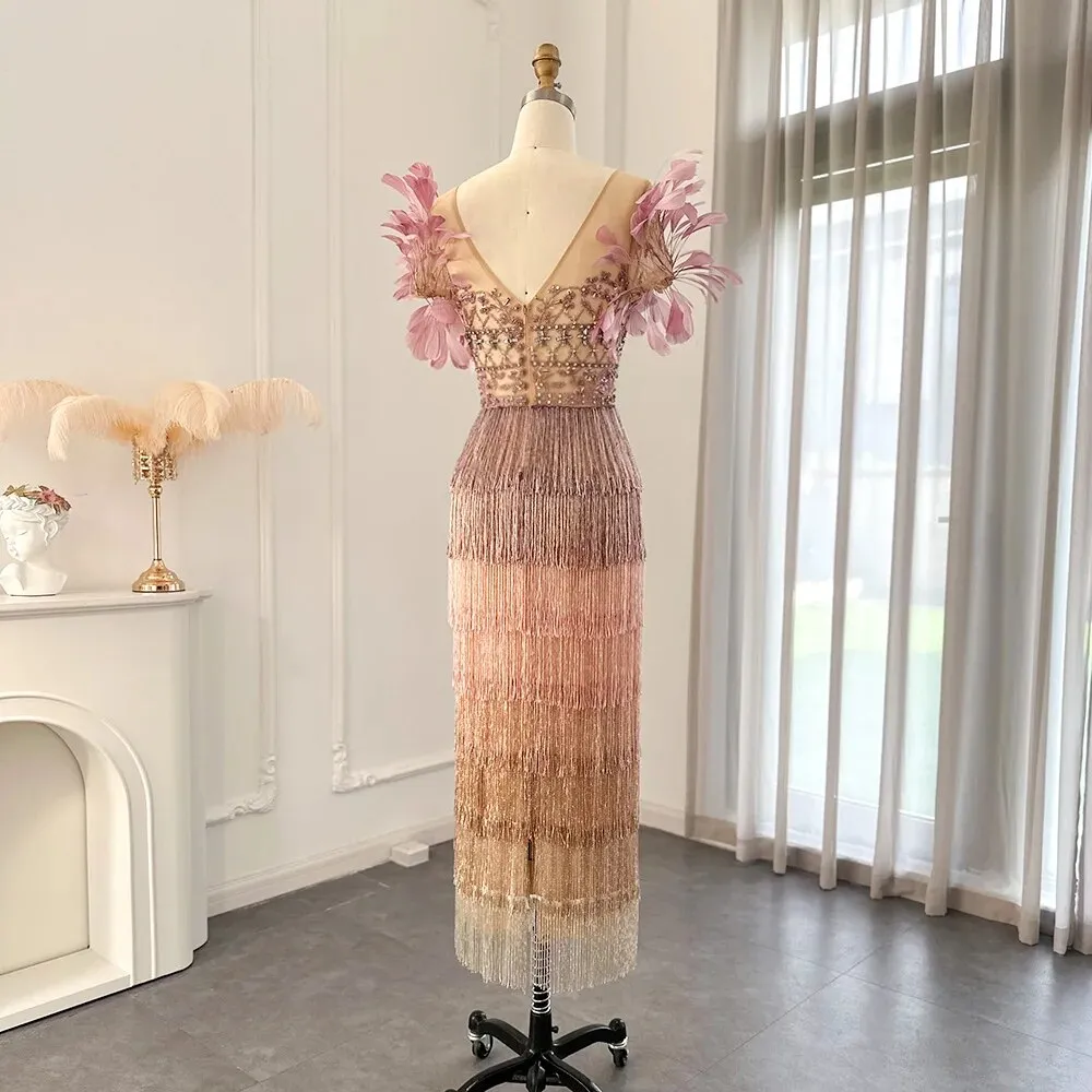 Luxury Gradient Tassels Maxi Dress with Feather Sleeves