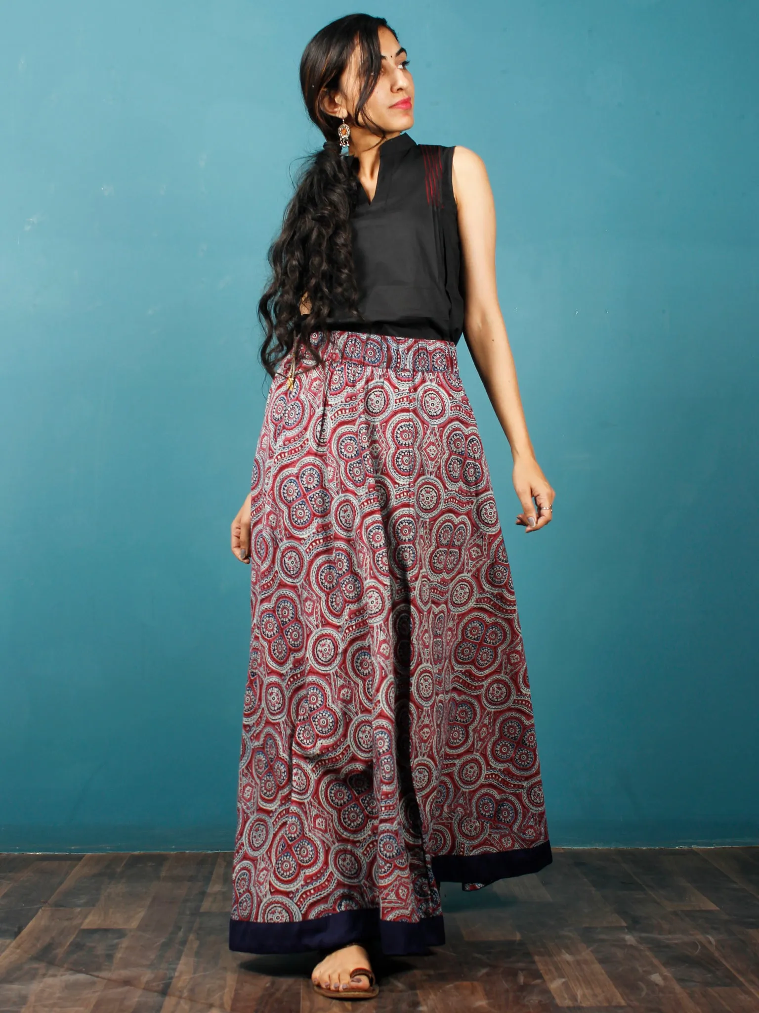 Maroon Indigo Black Hand Block Printed Skirt With Border - S40F682