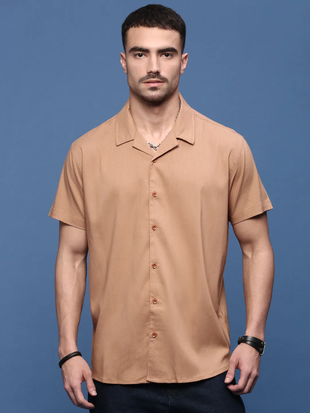 Men Orange Cuban Collar Shirt