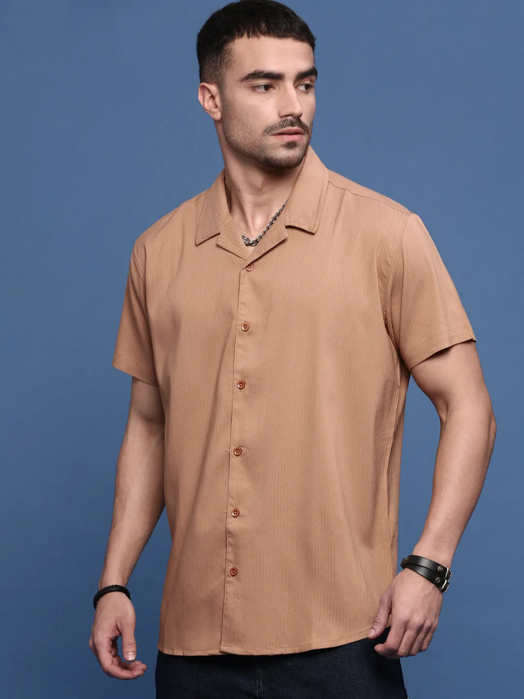 Men Orange Cuban Collar Shirt