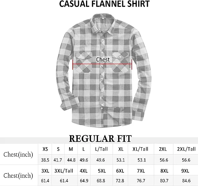 Men's Button Down Regular Fit Long Sleeve Plaid Flannel Casual Shirts Black/Grey/White