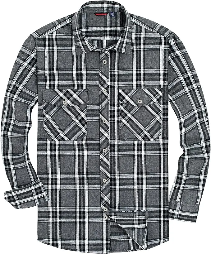 Men's Button Down Regular Fit Long Sleeve Plaid Flannel Casual Shirts Black/Grey/White