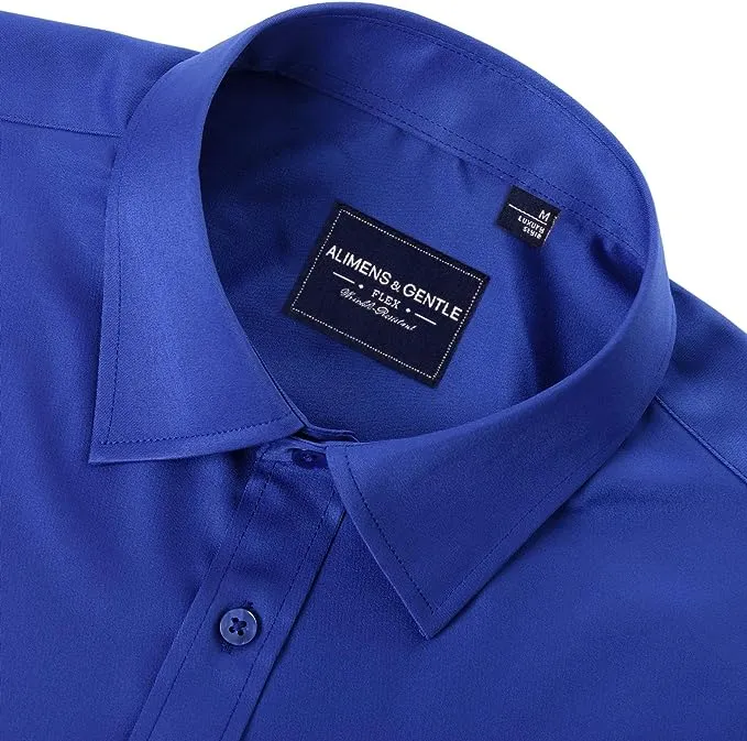 Men's Dress Shirts Wrinkle-Free Long Sleeve Stretch Solid Formal Business Button Down Shirt with Pocket - Royal Blue