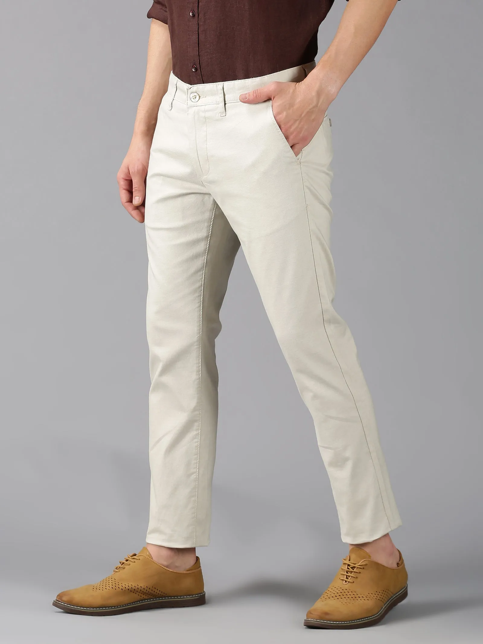 MEN'S ECRU SOLID SLIM FIT TROUSER