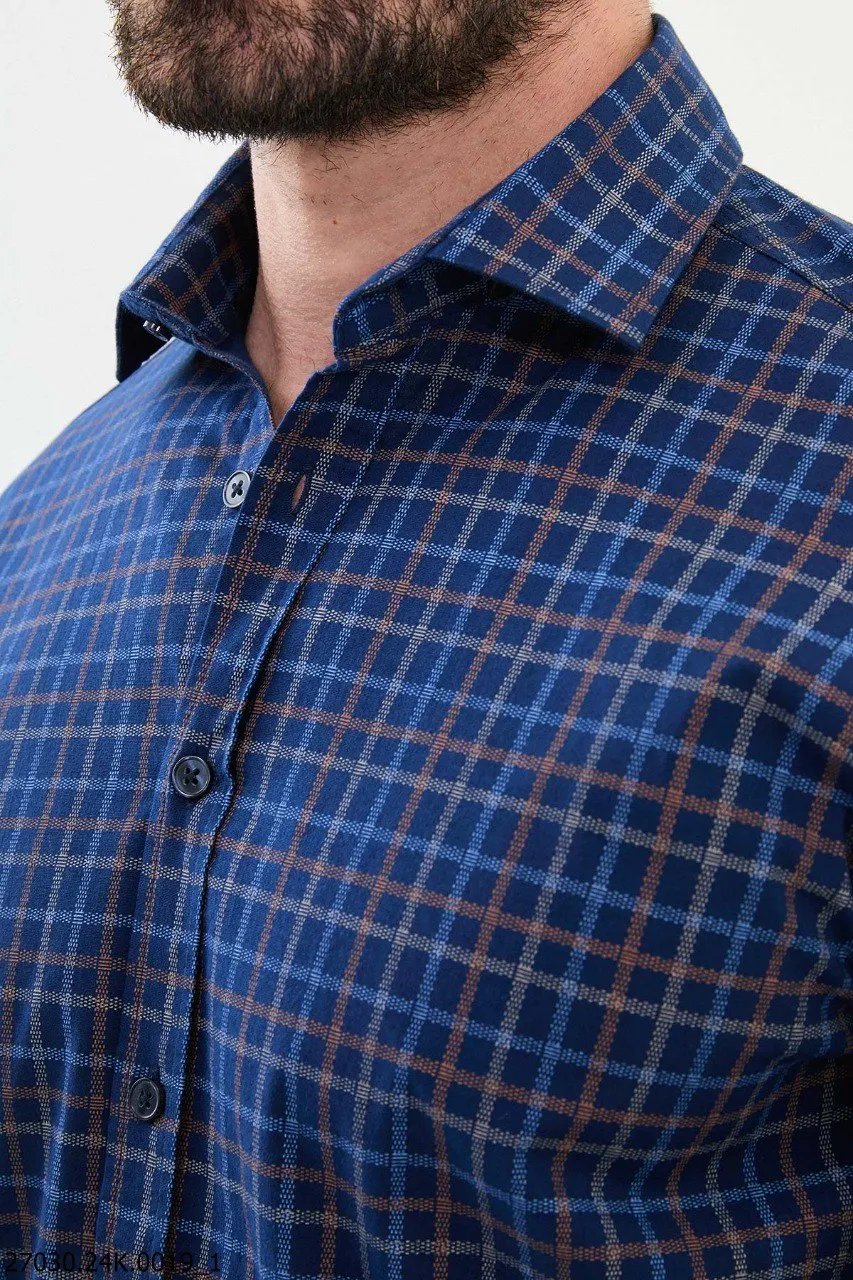 Men's Navy Blue Brown Grid Pattern Shirt.