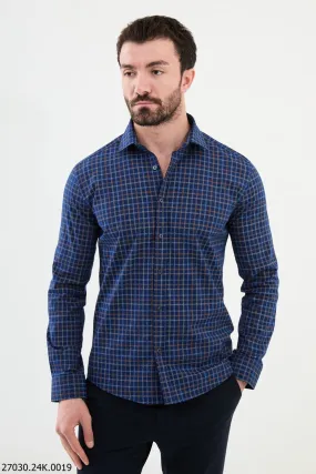 Men's Navy Blue Brown Grid Pattern Shirt.