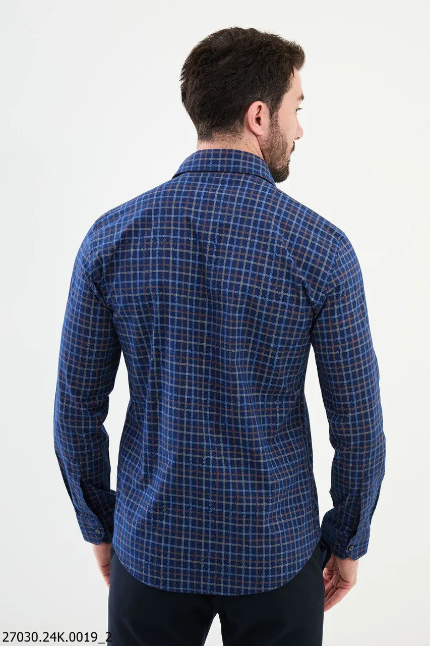 Men's Navy Blue Brown Grid Pattern Shirt.