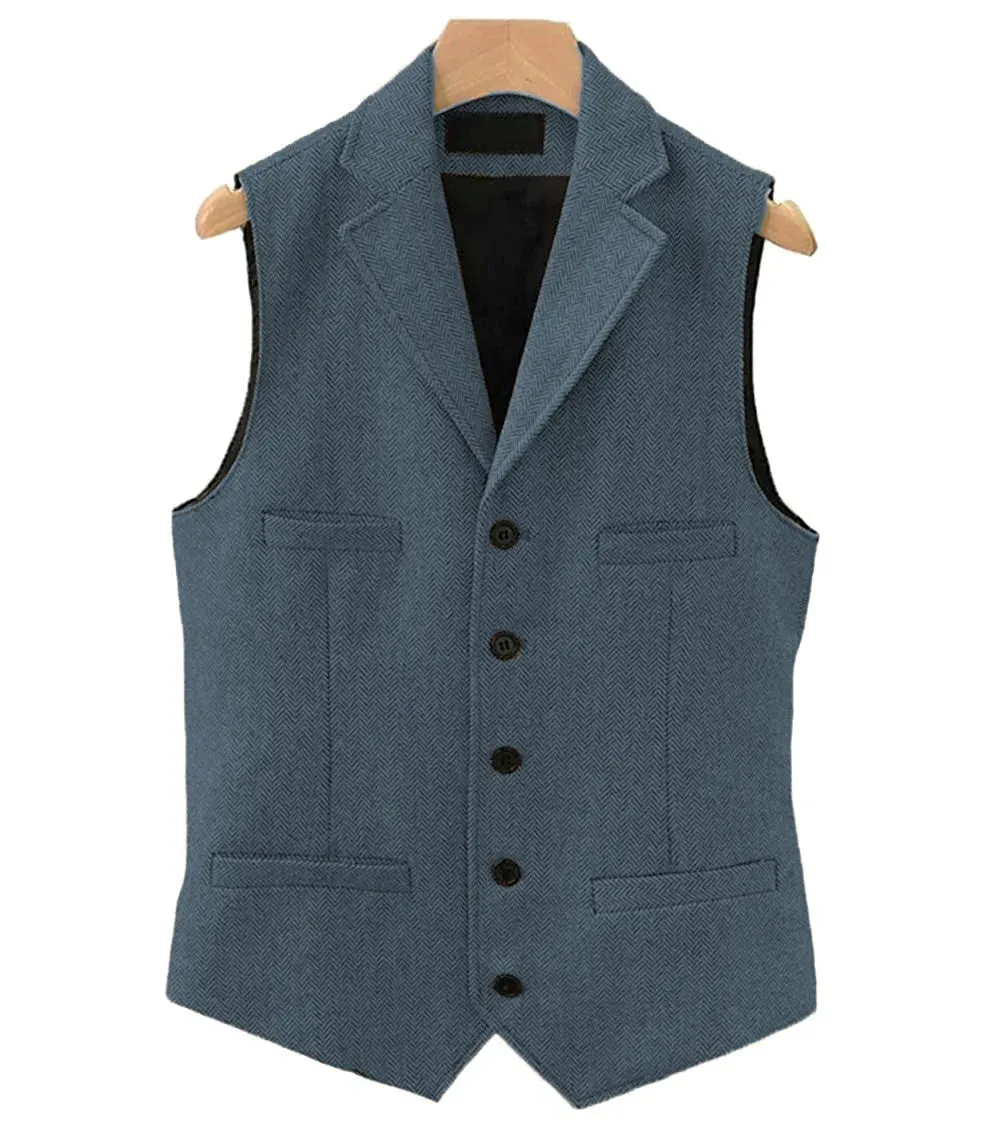 Men's Wool Tweed Vest Classic Brown Suit Waistcoat