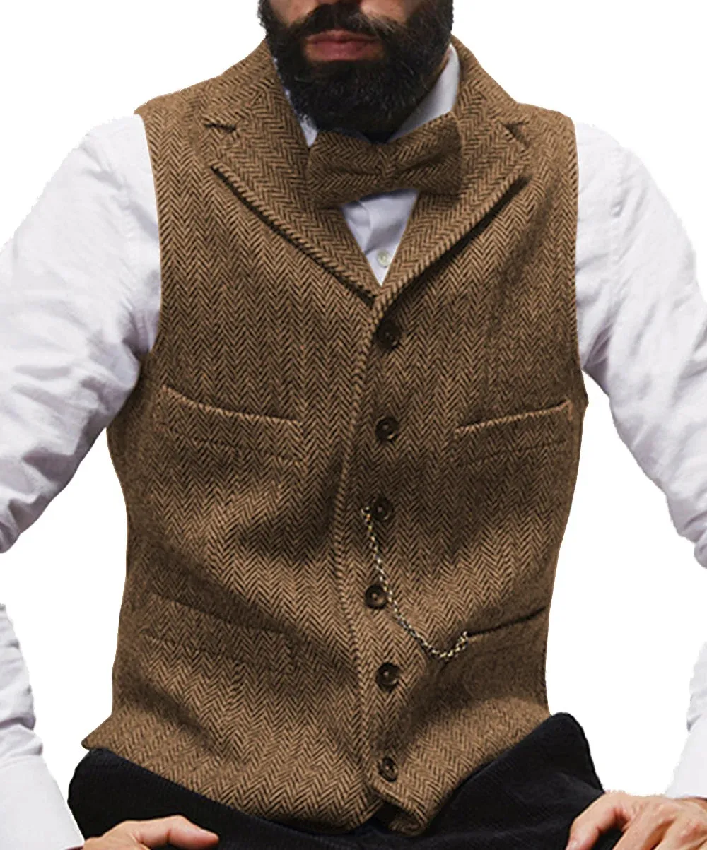 Men's Wool Tweed Vest Classic Brown Suit Waistcoat