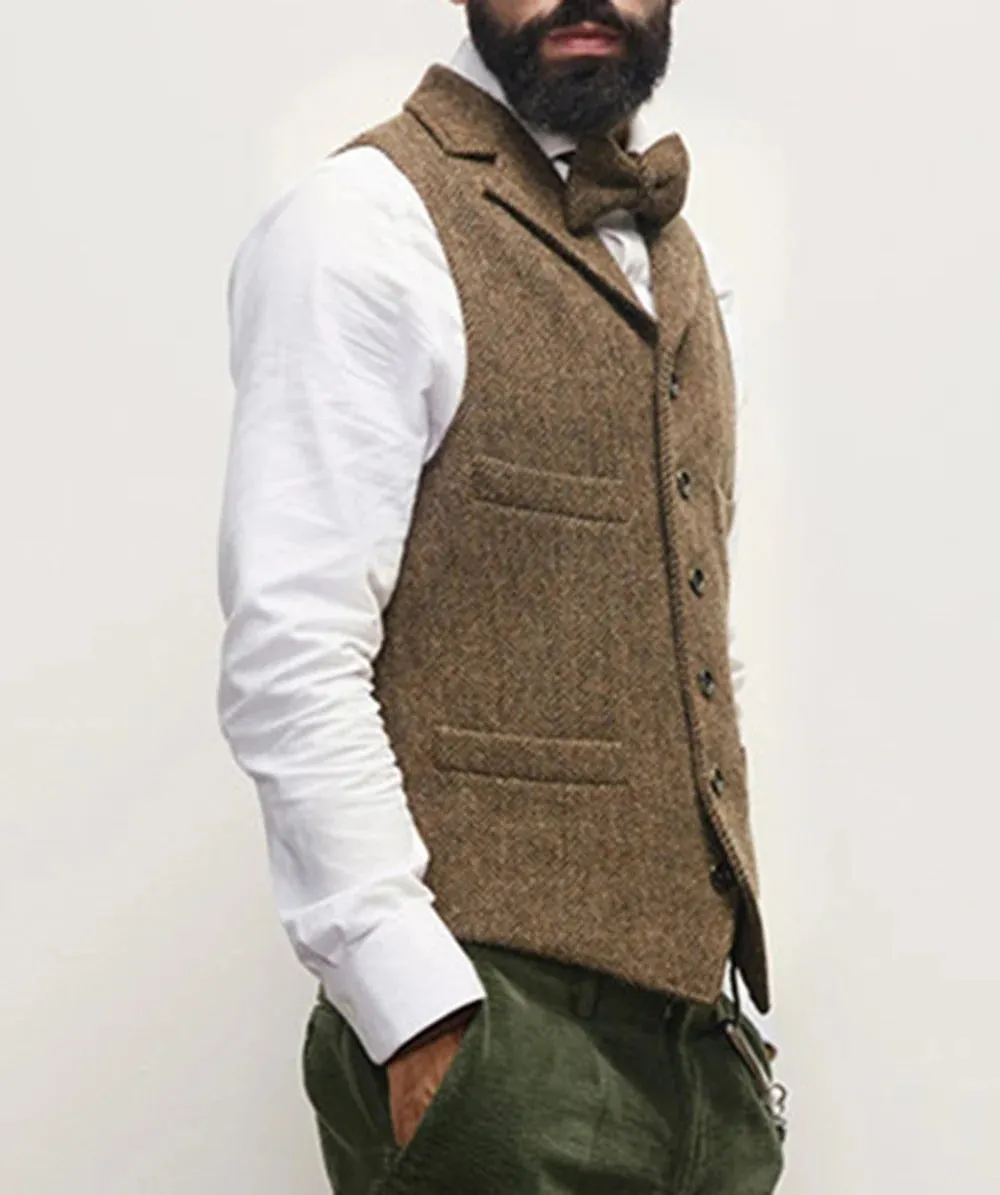 Men's Wool Tweed Vest Classic Brown Suit Waistcoat