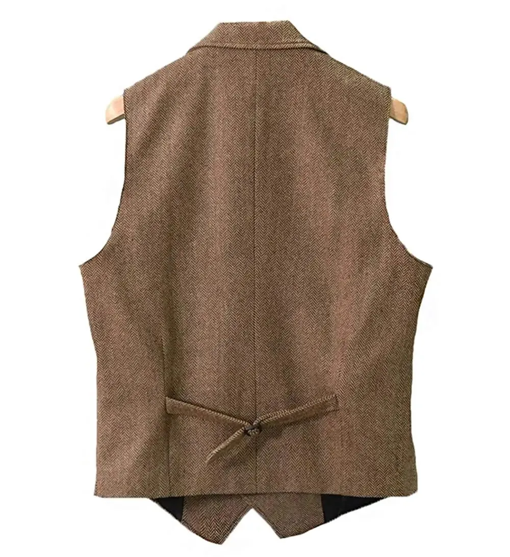 Men's Wool Tweed Vest Classic Brown Suit Waistcoat