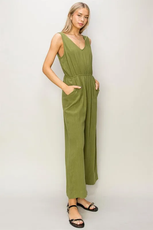 Moss Sleeveless Linen Jumpsuit