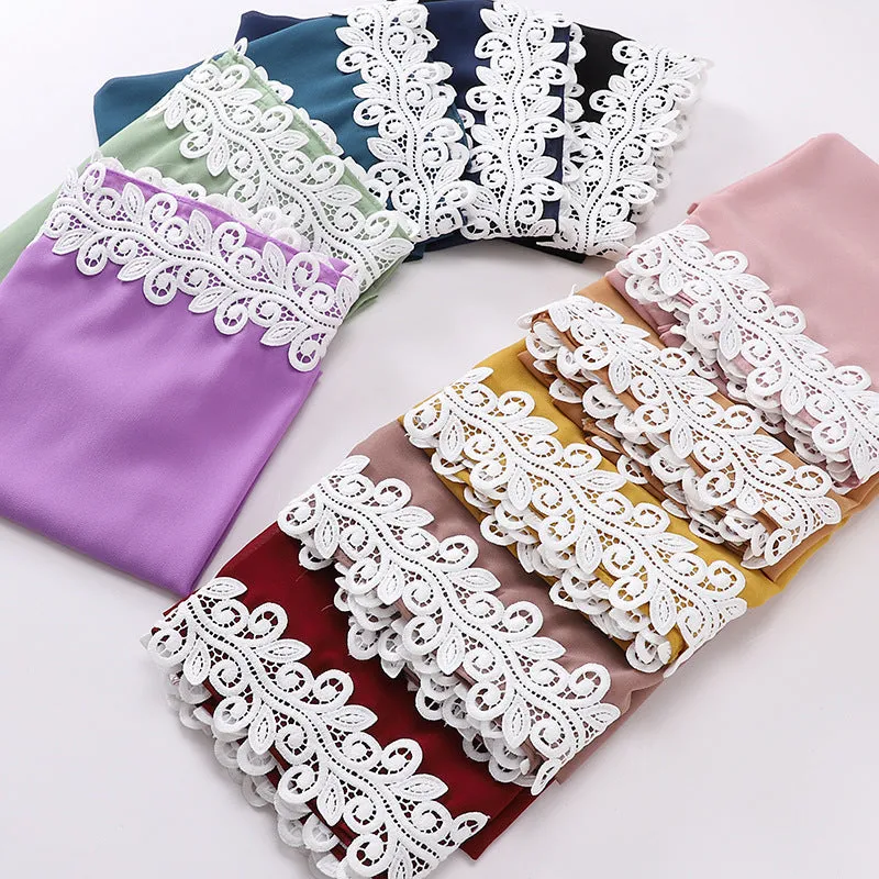 MSL258 plain pearl chiffon lace edge hijab scarf