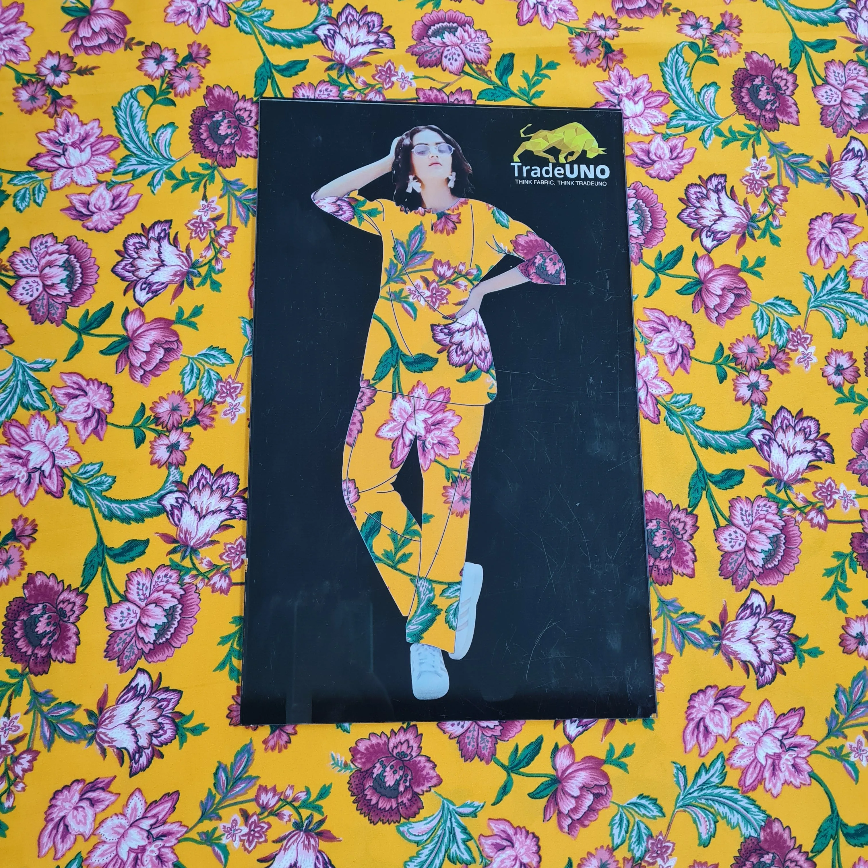 Mustard & Pink Floral Print Crepe Fabric