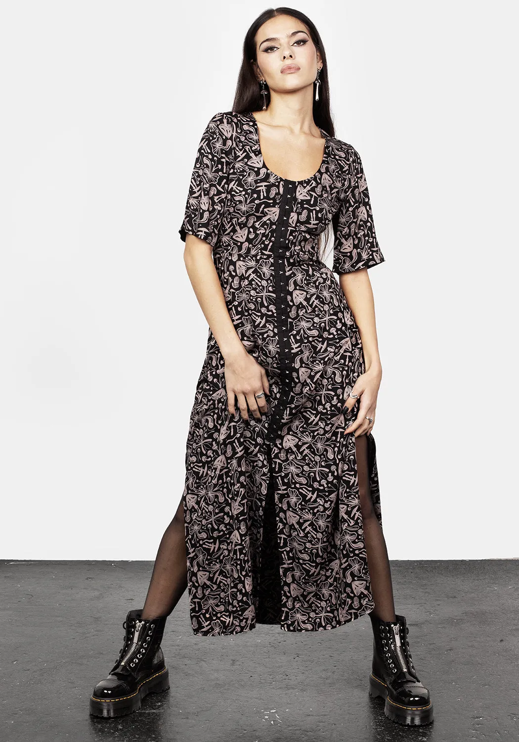 Mycophile Mushroom Print Split Maxi Dress