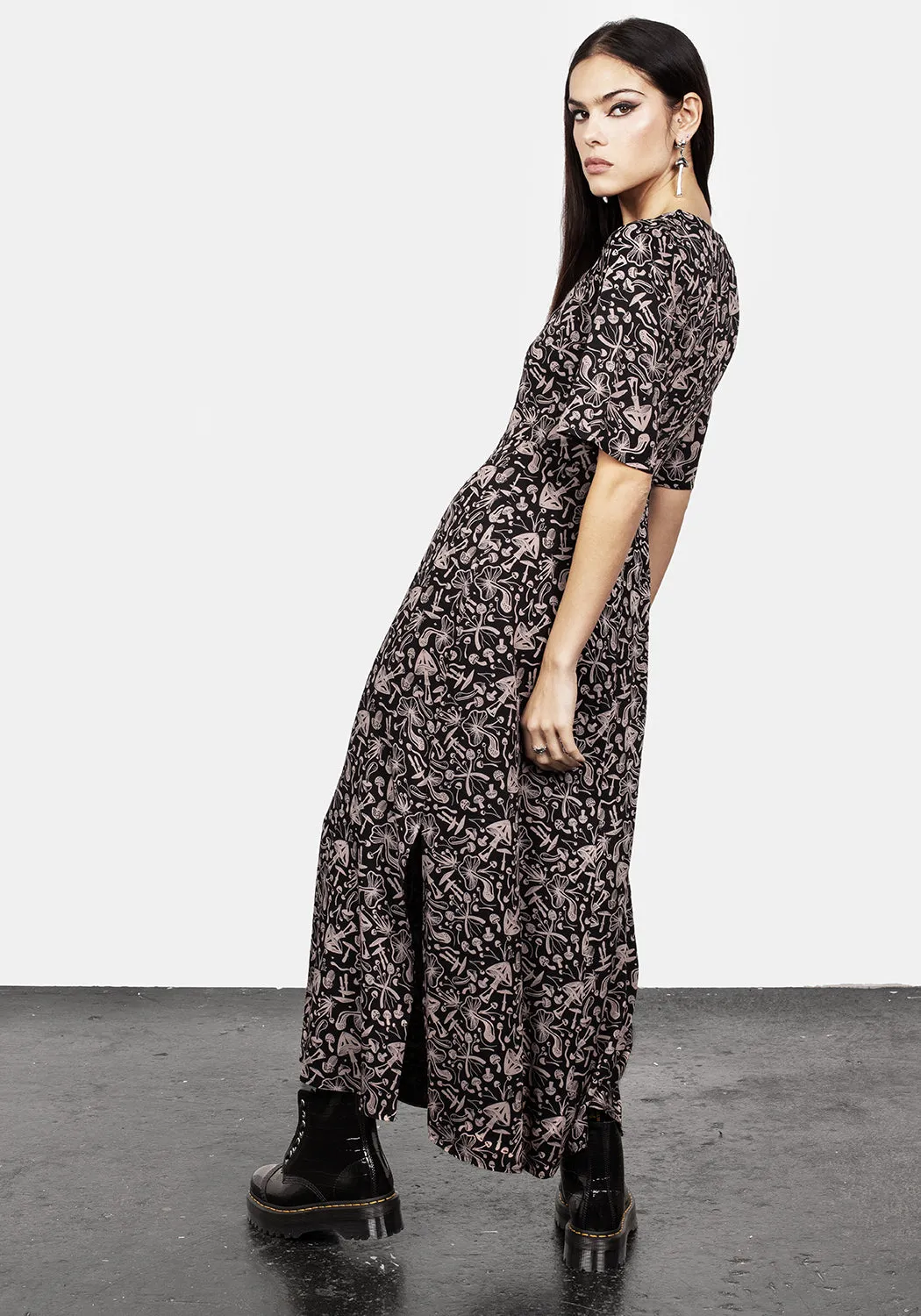 Mycophile Mushroom Print Split Maxi Dress