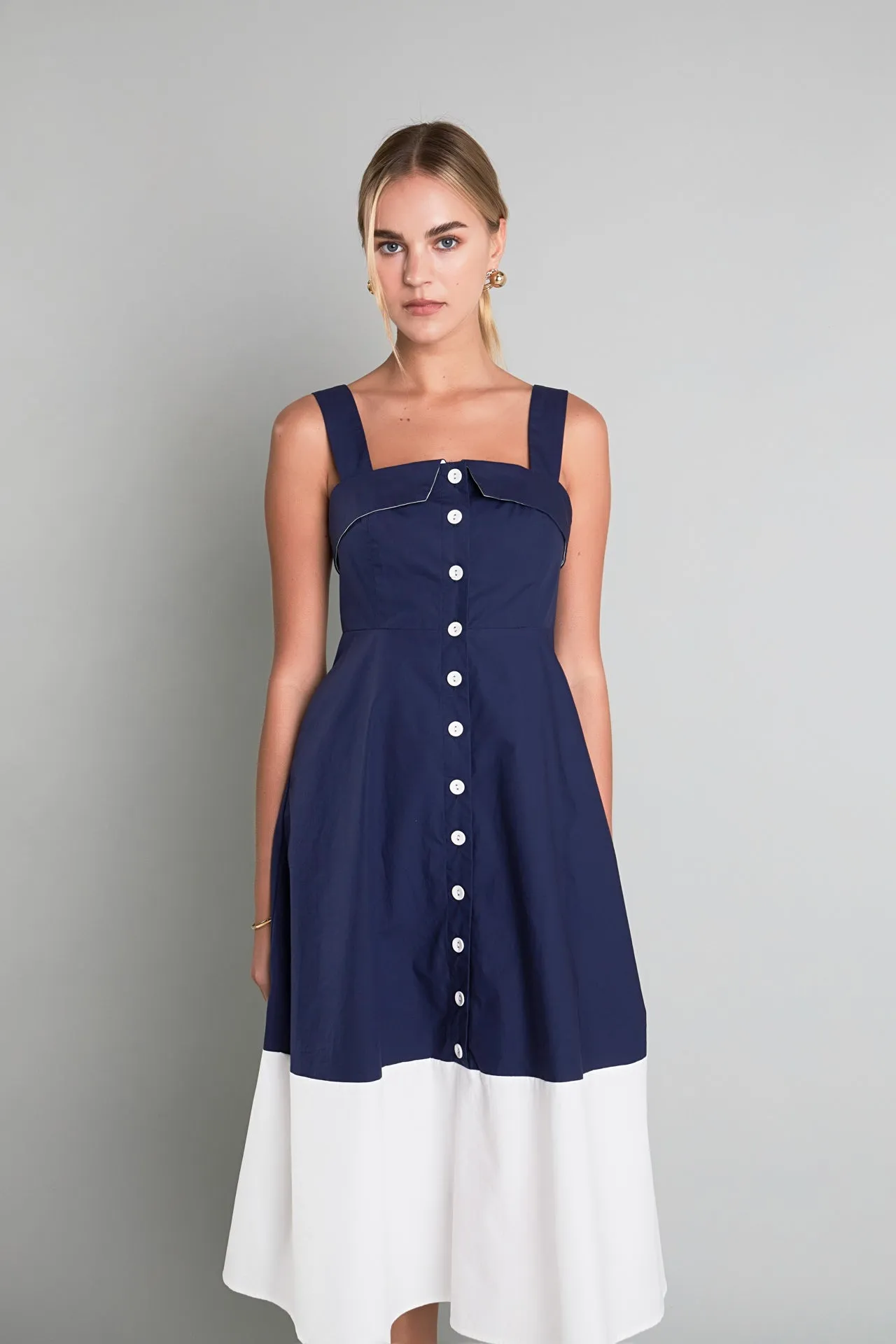 Navy & White Color Block Midi Dress