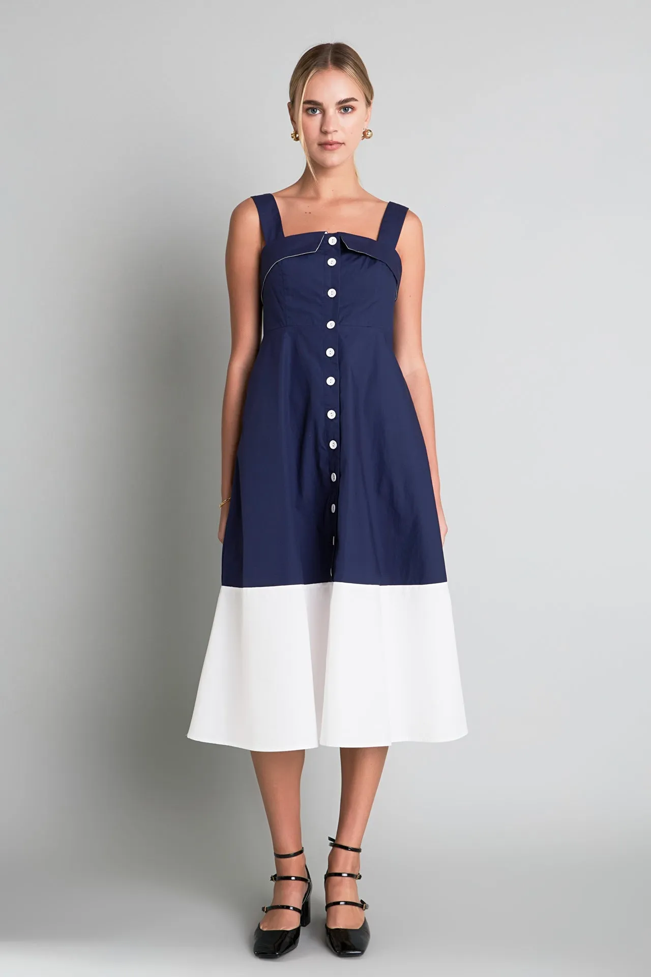 Navy & White Color Block Midi Dress