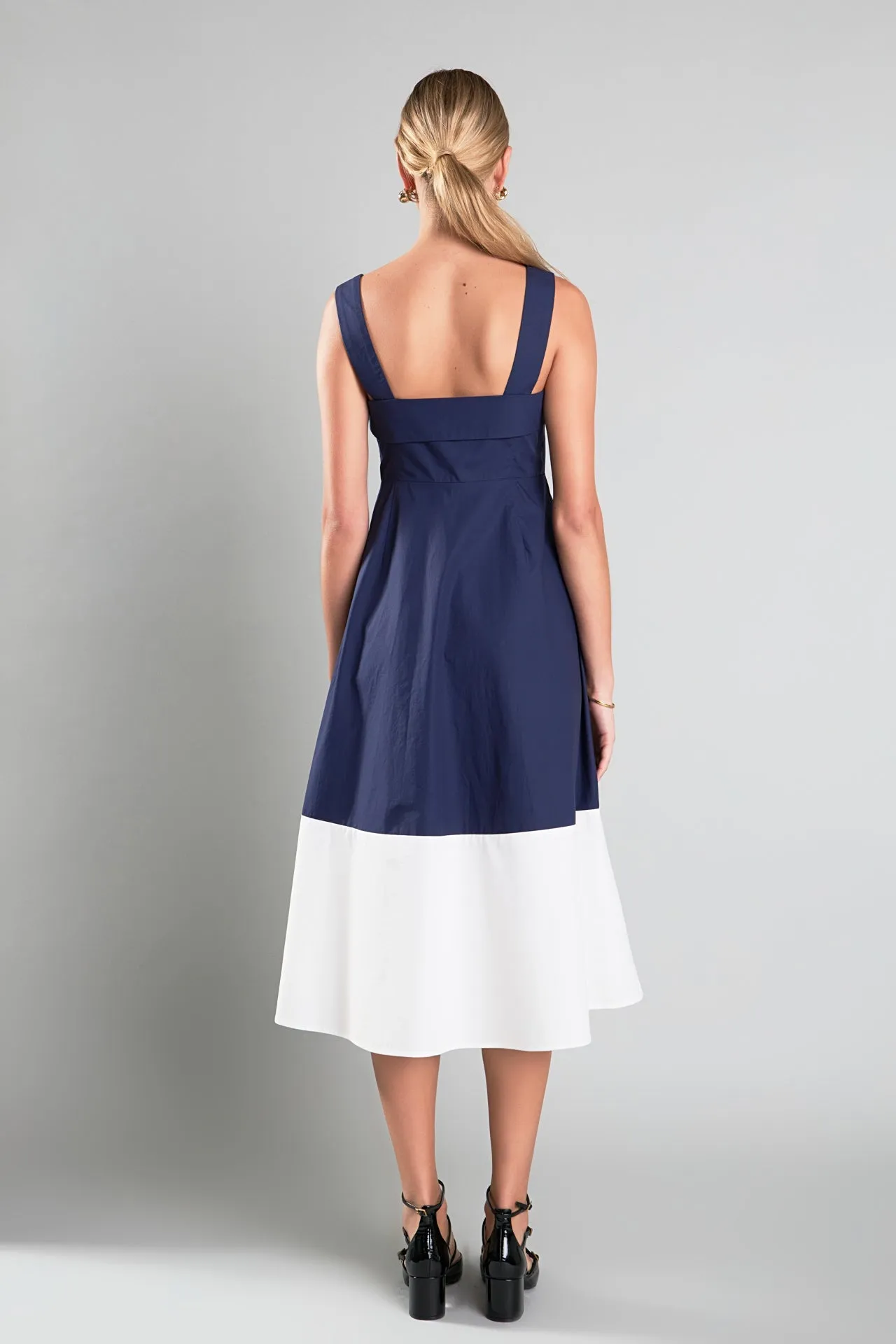 Navy & White Color Block Midi Dress