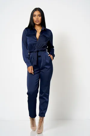 Navy Utility Satin Jumpsuit