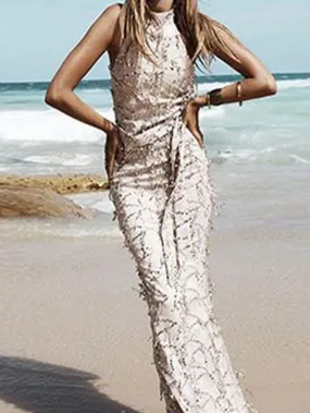 New Summer Hanging Neck Strap Sexy Tassel Sequined Maxi Dress