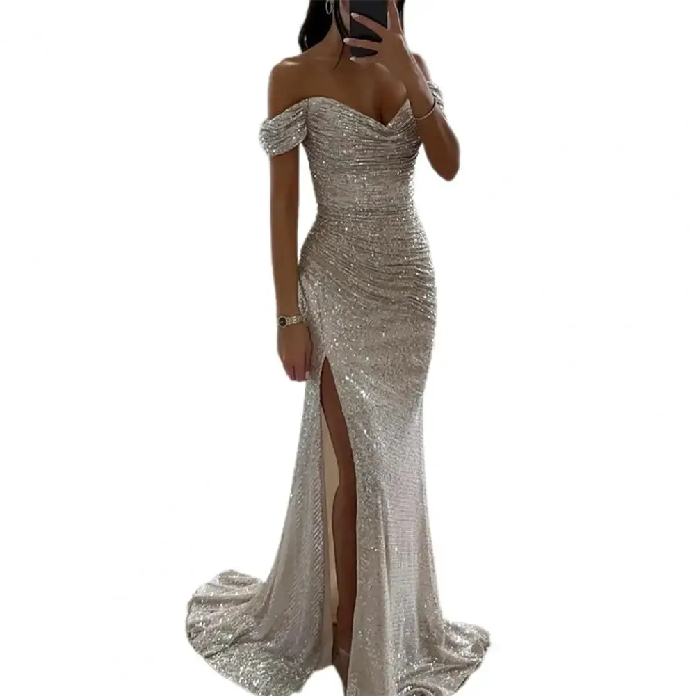 Off-shoulder Gown Dress Elegant Sequined V-neck Off Shoulder Maxi Dress for Evening Party Prom Women's Vintage Slim for Women