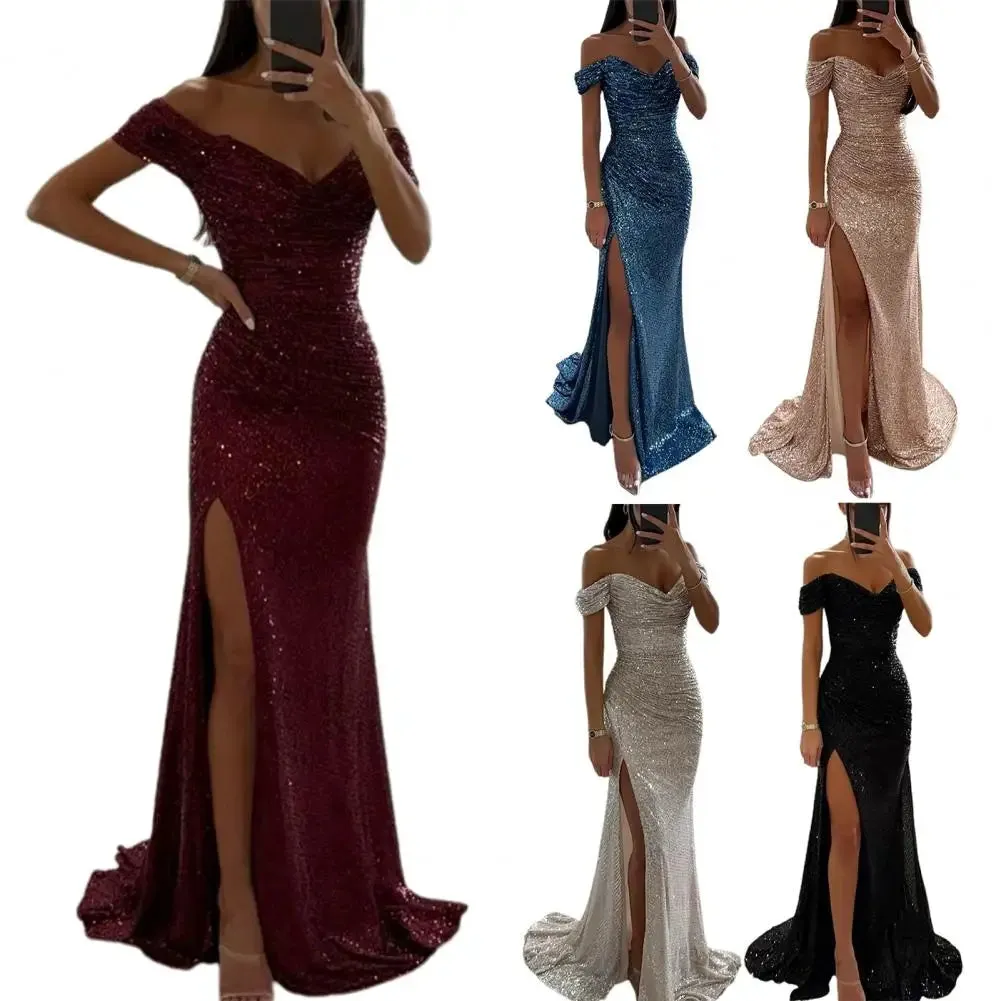 Off-shoulder Gown Dress Elegant Sequined V-neck Off Shoulder Maxi Dress for Evening Party Prom Women's Vintage Slim for Women