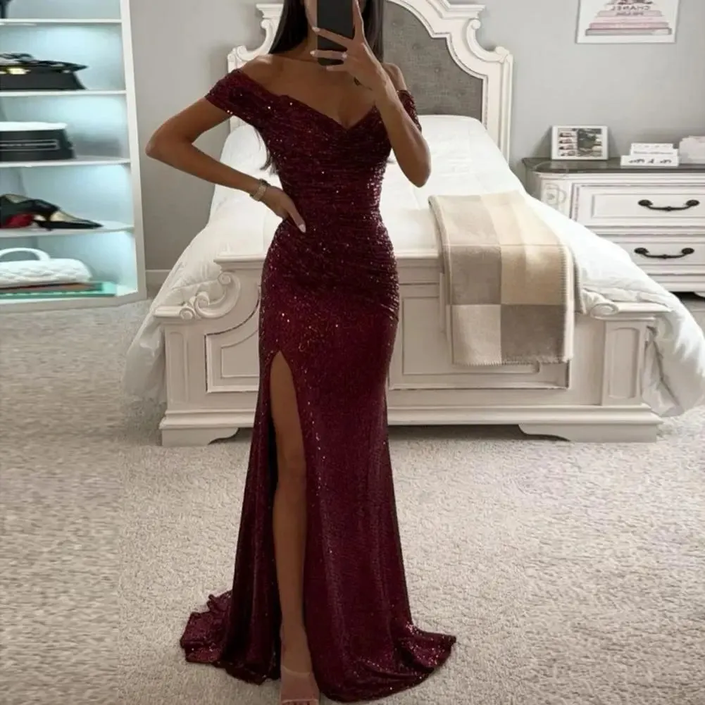 Off-shoulder Gown Dress Elegant Sequined V-neck Off Shoulder Maxi Dress for Evening Party Prom Women's Vintage Slim for Women