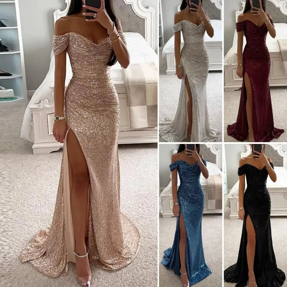 Off-shoulder Gown Dress Elegant Sequined V-neck Off Shoulder Maxi Dress for Evening Party Prom Women's Vintage Slim for Women