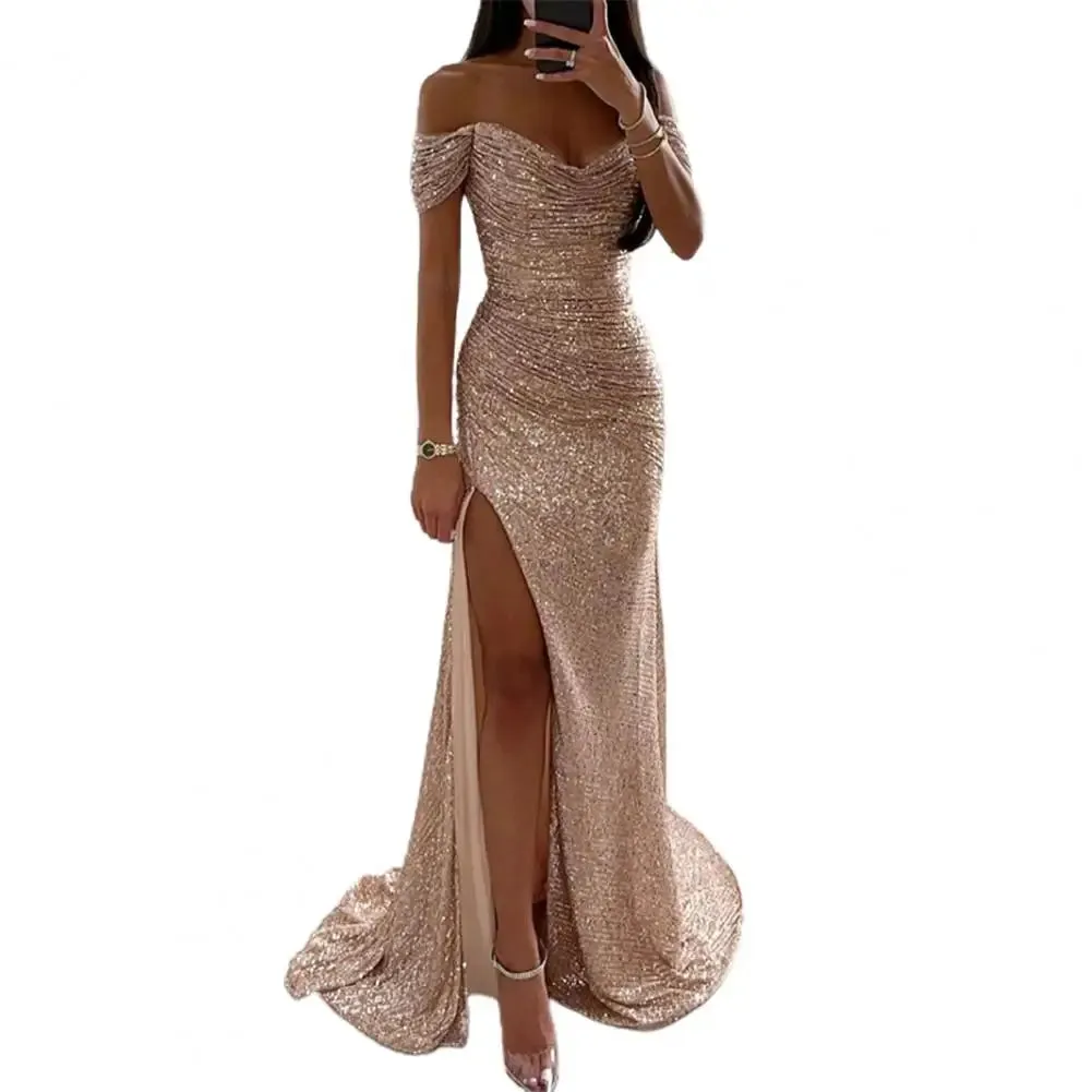 Off-shoulder Gown Dress Elegant Sequined V-neck Off Shoulder Maxi Dress for Evening Party Prom Women's Vintage Slim for Women