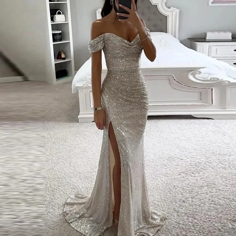 Off-shoulder Gown Dress Elegant Sequined V-neck Off Shoulder Maxi Dress for Evening Party Prom Women's Vintage Slim for Women