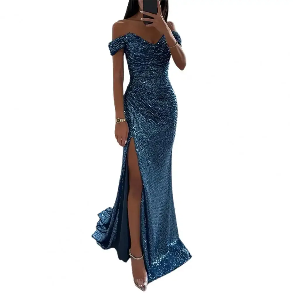 Off-shoulder Gown Dress Elegant Sequined V-neck Off Shoulder Maxi Dress for Evening Party Prom Women's Vintage Slim for Women