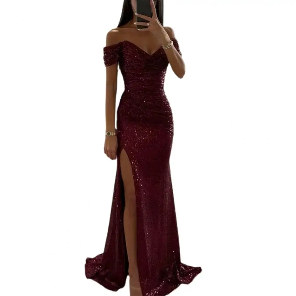 Off-shoulder Gown Dress Elegant Sequined V-neck Off Shoulder Maxi Dress for Evening Party Prom Women's Vintage Slim for Women