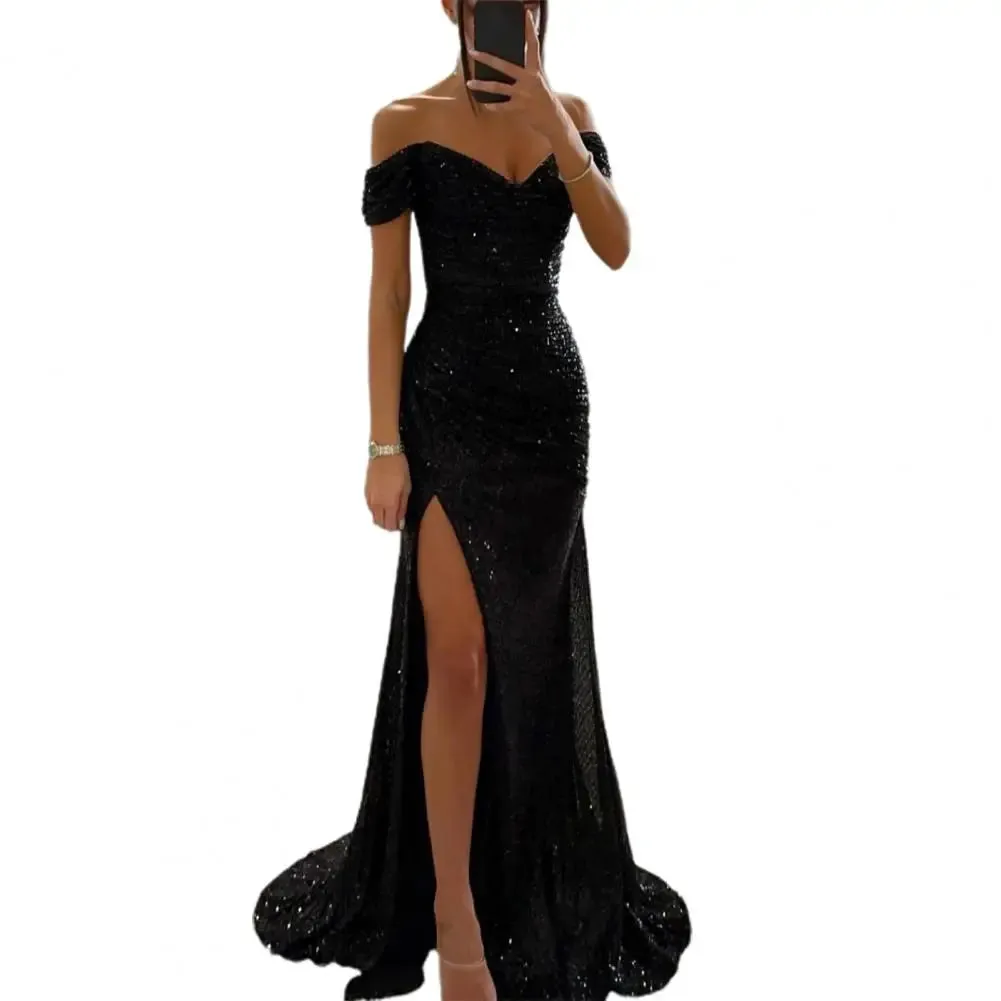 Off-shoulder Gown Dress Elegant Sequined V-neck Off Shoulder Maxi Dress for Evening Party Prom Women's Vintage Slim for Women