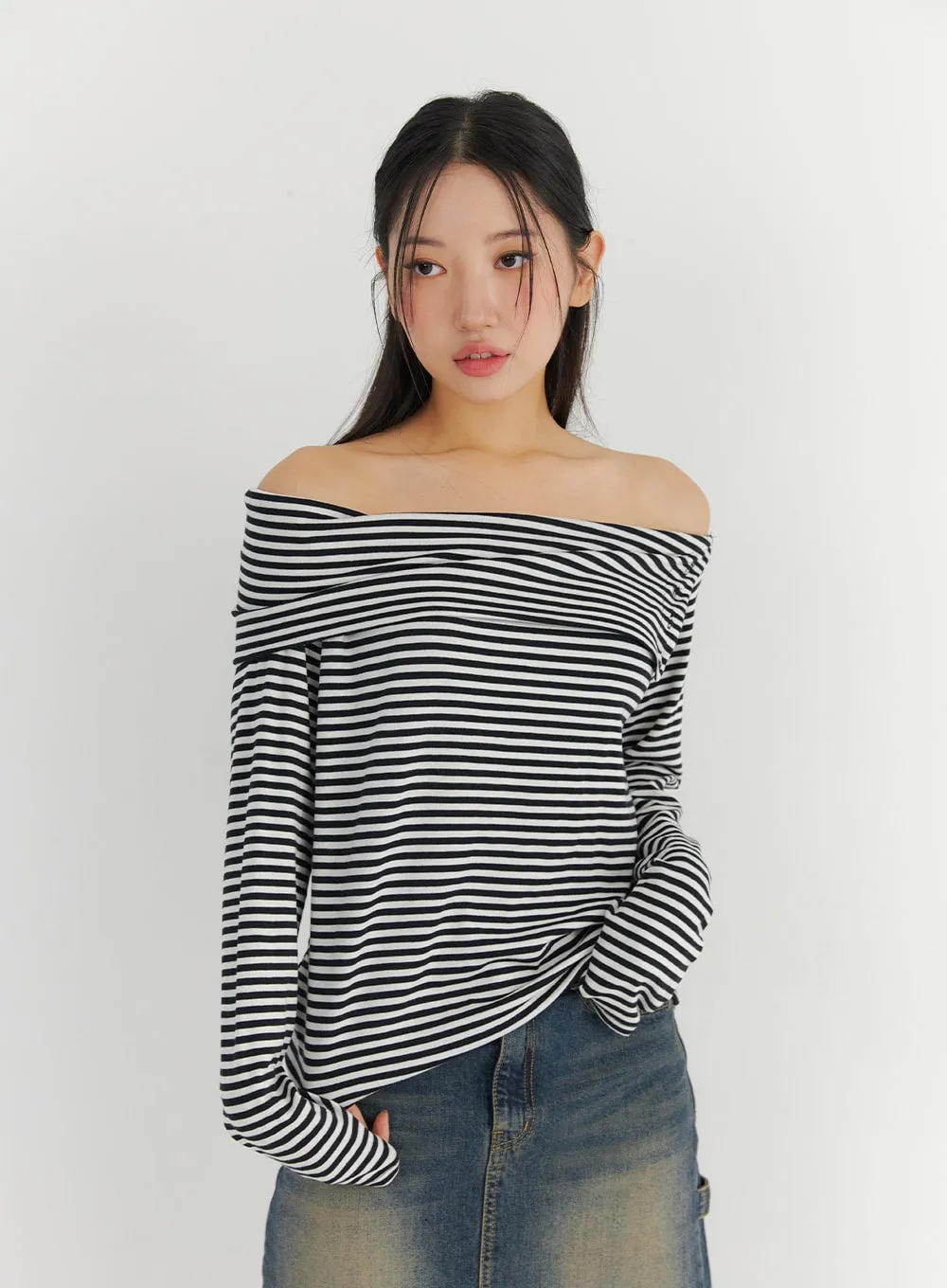 Off-Shoulder Stripe Long Sleeve Top CO324