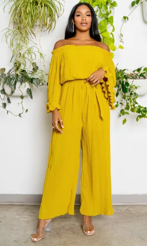 Off The Shoulder Pleated Chiffon Jumpsuit- Chartreuse