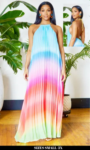 Ombre  Pleated Halter Dress | Maxi Dress - Blue FINAL SALE