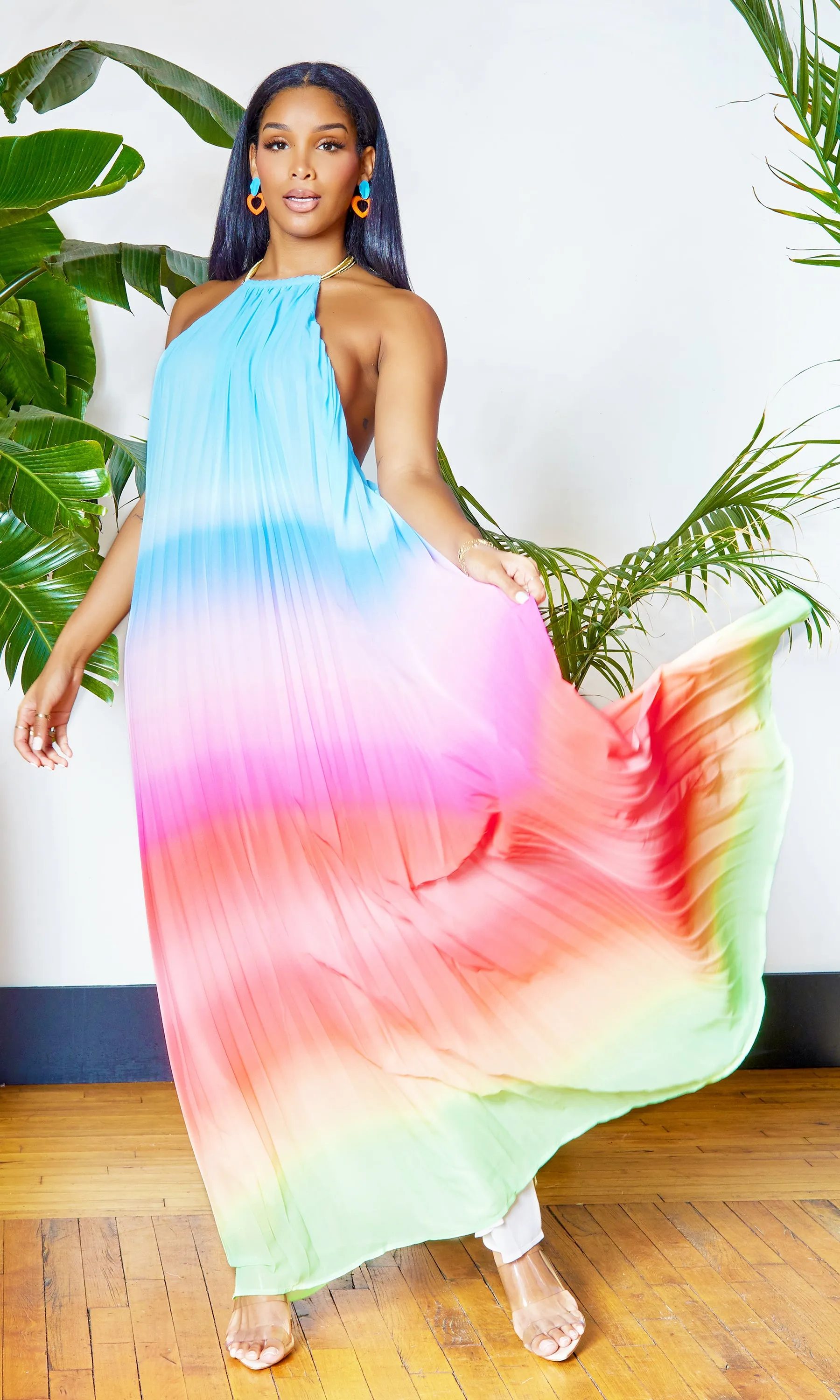 Ombre  Pleated Halter Dress | Maxi Dress - Blue FINAL SALE