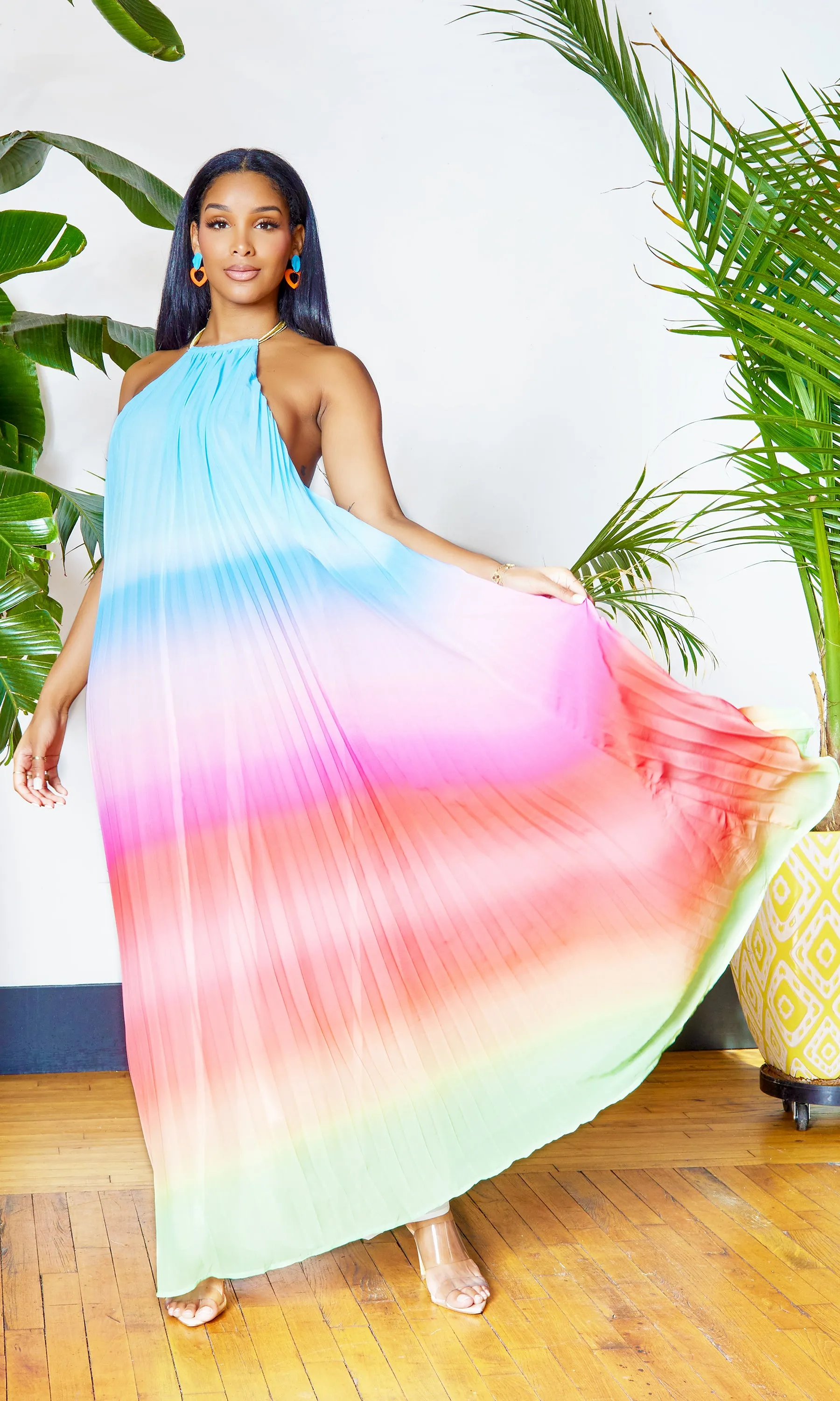 Ombre  Pleated Halter Dress | Maxi Dress - Blue FINAL SALE