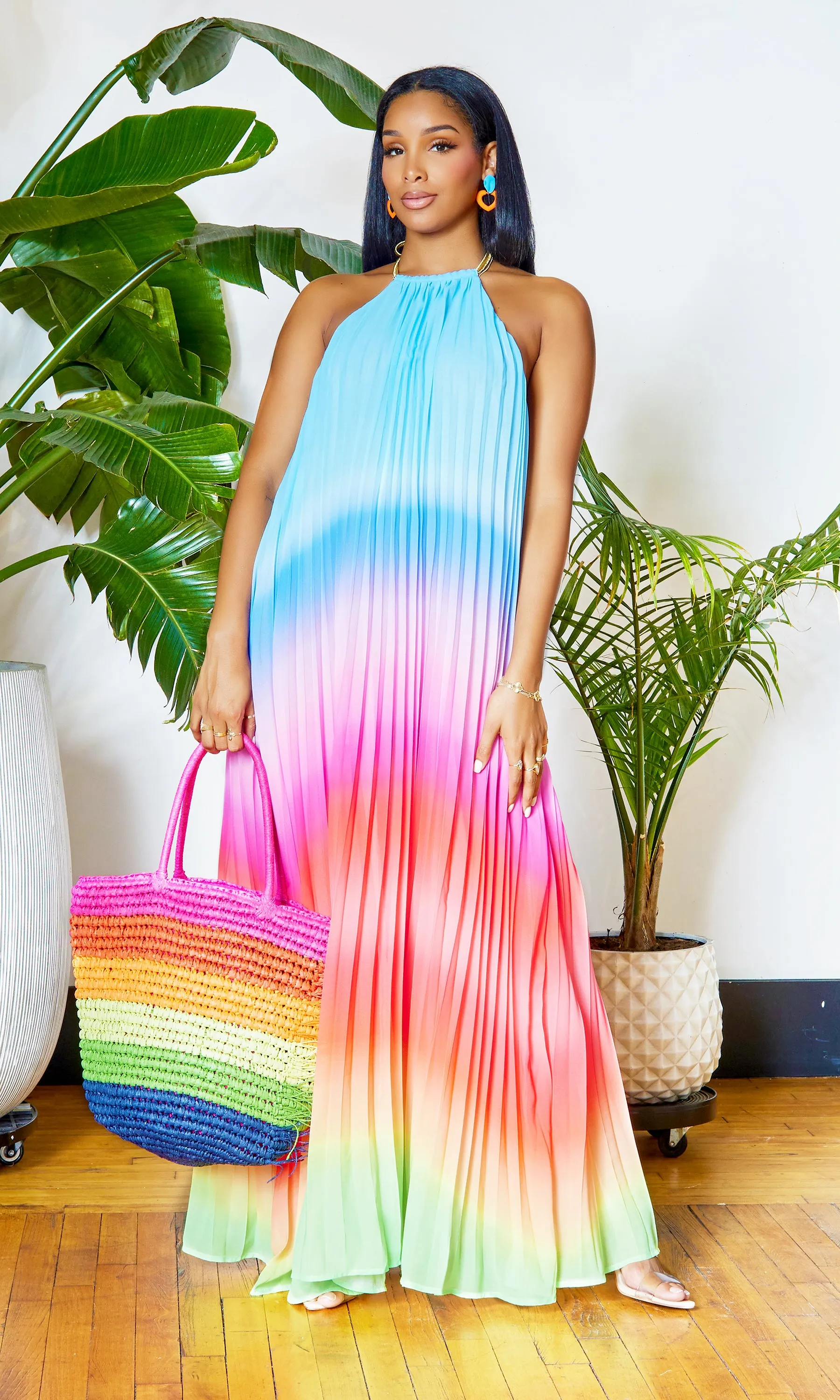 Ombre  Pleated Halter Dress | Maxi Dress - Blue FINAL SALE