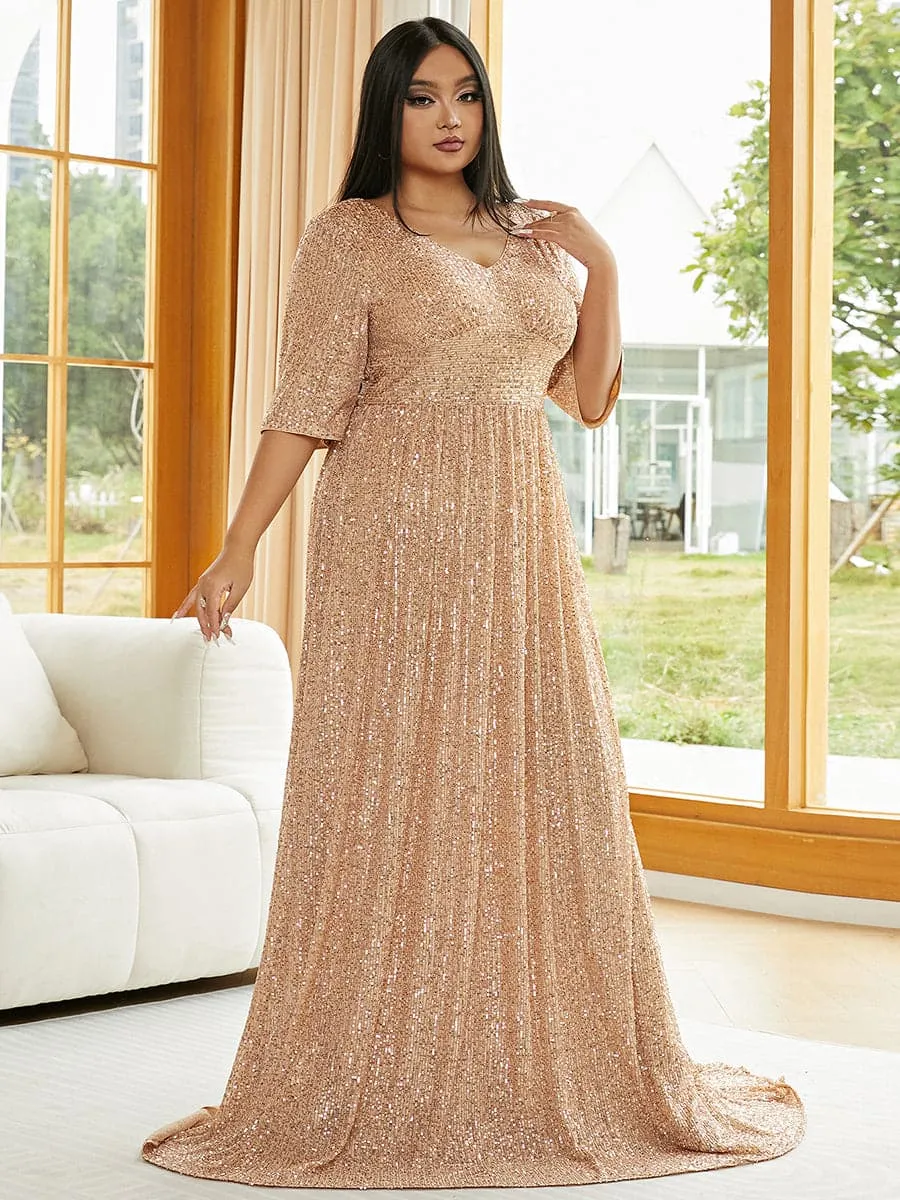 Plus Size V Neck Sequin Apricot Evening Dress PXJ2647